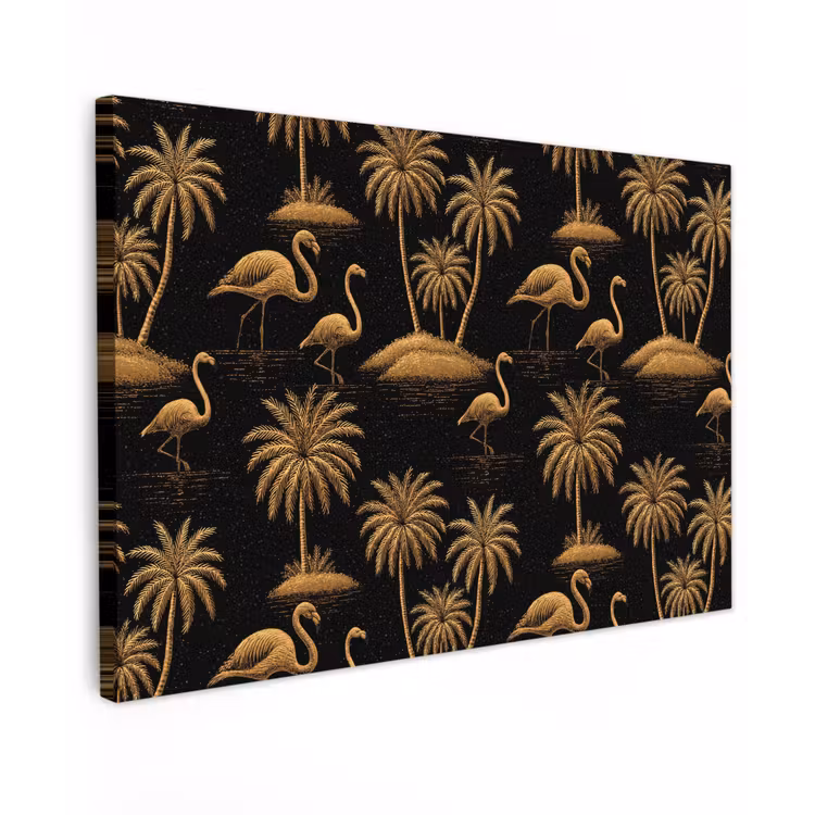 Flamingo - Palmbomen - Tropisch - Goud - Zwart canvas 2cm klein 34 -z3d