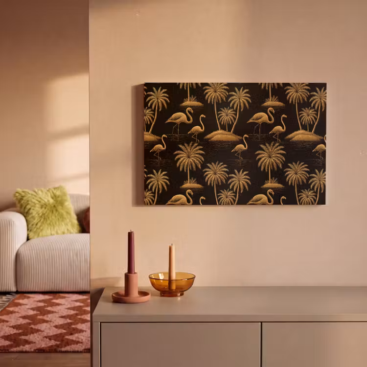 Flamingo - Palmbomen - Tropisch - Goud - Zwart canvas 2cm klein 34 -sfeer1
