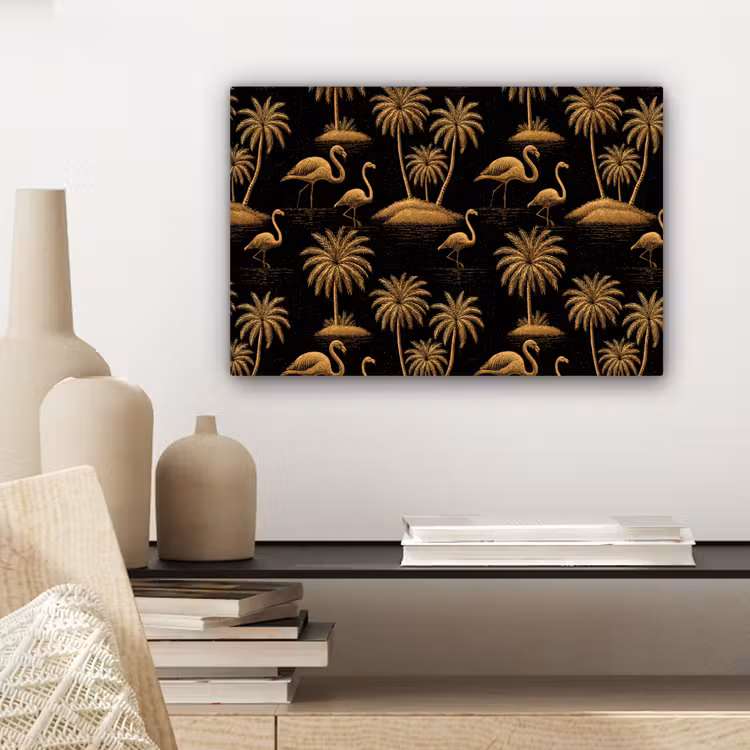 Flamingo - Palmbomen - Tropisch - Goud - Zwart canvas 2cm klein 34 -sfeer6