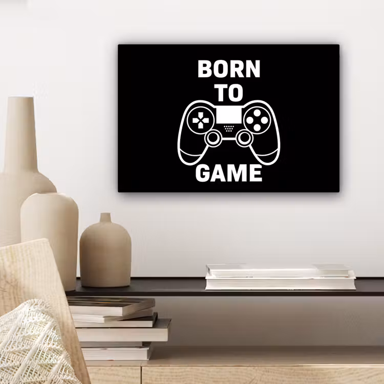Gamen - Quotes - Controller - Born to game - Zwart - Wit canvas 2cm klein -sfeer6