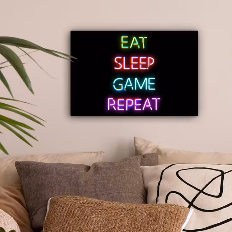 Gaming - Led - Quote - Eat sleep game repeat - Gamen canvas 2cm klein -sfeer1