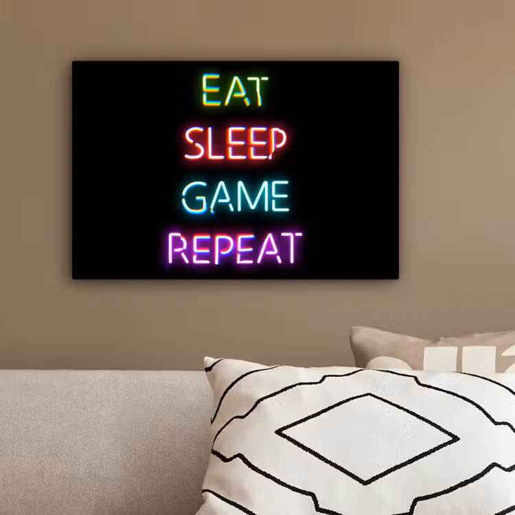 Gaming - Led - Quote - Eat sleep game repeat - Gamen canvas 2cm klein -sfeer3