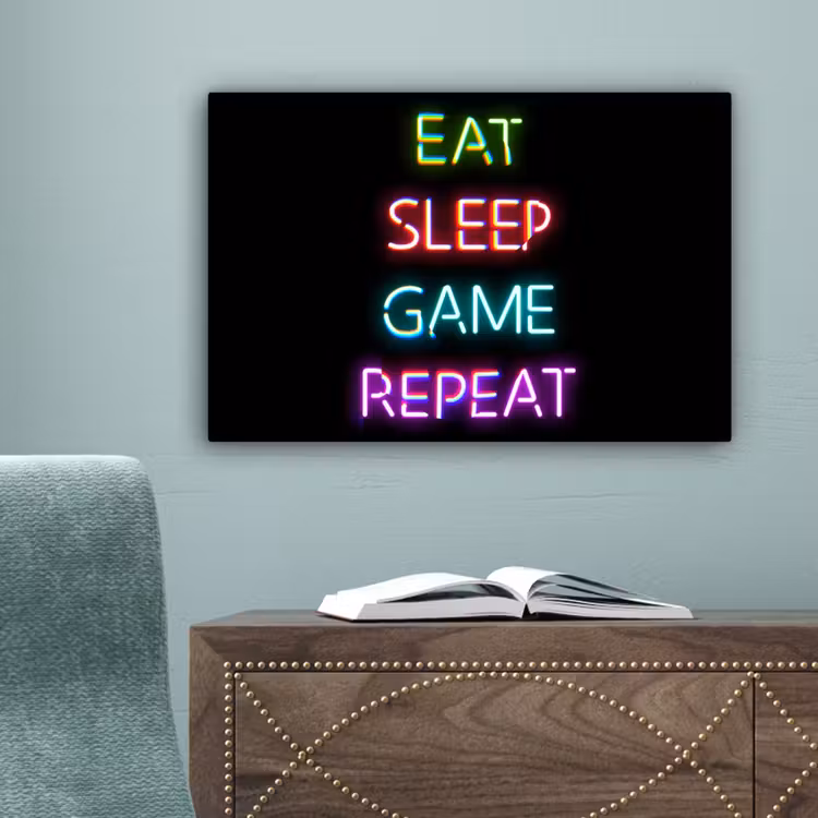 Gaming - Led - Quote - Eat sleep game repeat - Gamen canvas 2cm klein -sfeer4