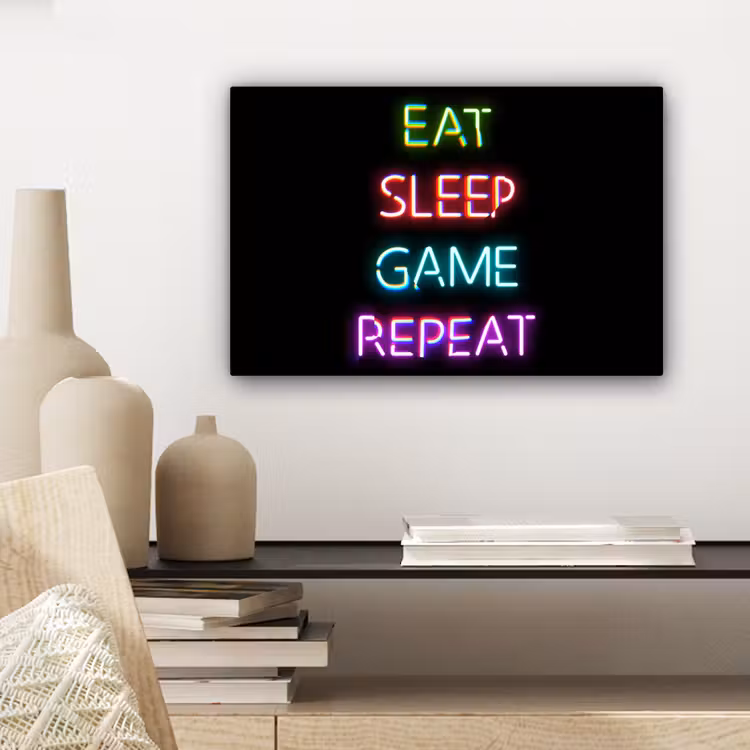 Gaming - Led - Quote - Eat sleep game repeat - Gamen canvas 2cm klein -sfeer6
