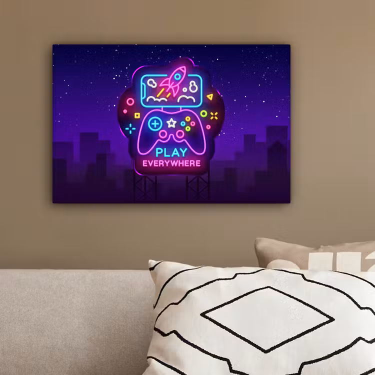 Gaming - Neon - Play - Blauw - Nacht - Controller canvas 2cm klein -sfeer3
