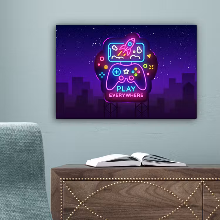 Gaming - Neon - Play - Blauw - Nacht - Controller canvas 2cm klein -sfeer4
