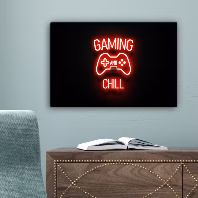 Gaming - Quotes - Gaming and chill - Neon - Rood canvas 2cm klein -sfeer4