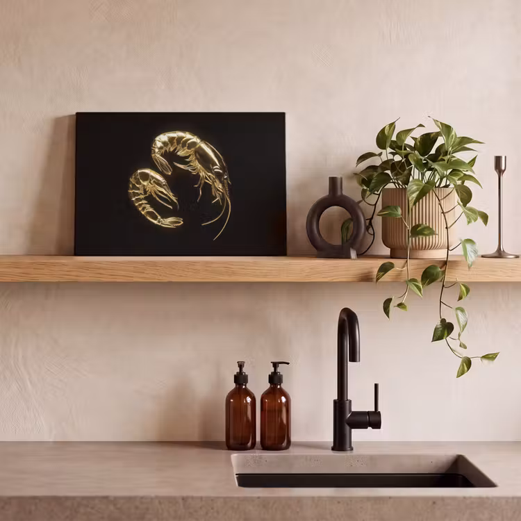 Garnalen - Zwart - Goud - Dieren canvas 2cm klein -sfeer3