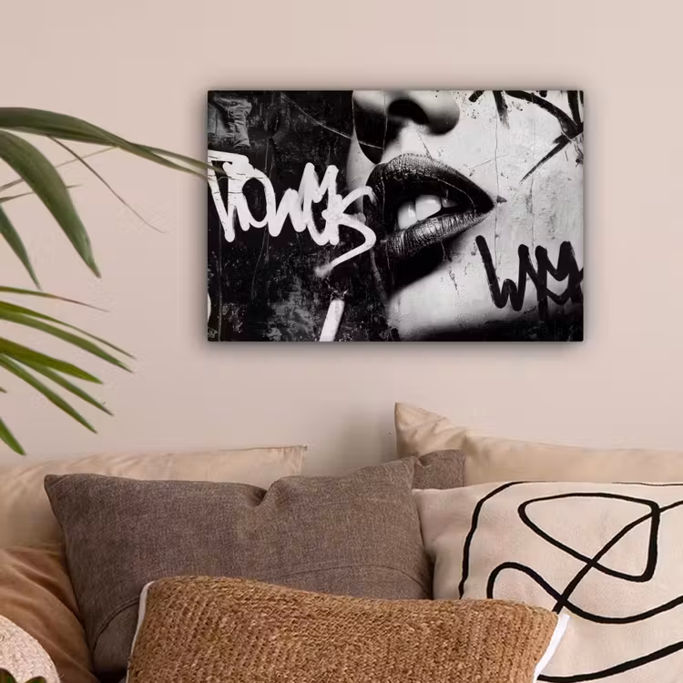 Gezicht - Mond - Graffiti - Zwart canvas 2cm klein -sfeer1