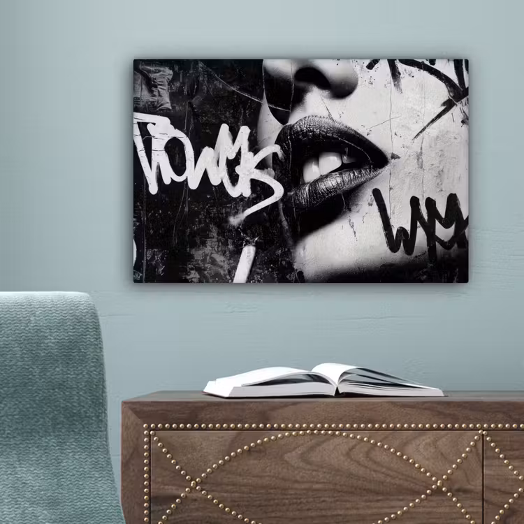 Gezicht - Mond - Graffiti - Zwart canvas 2cm klein -sfeer4