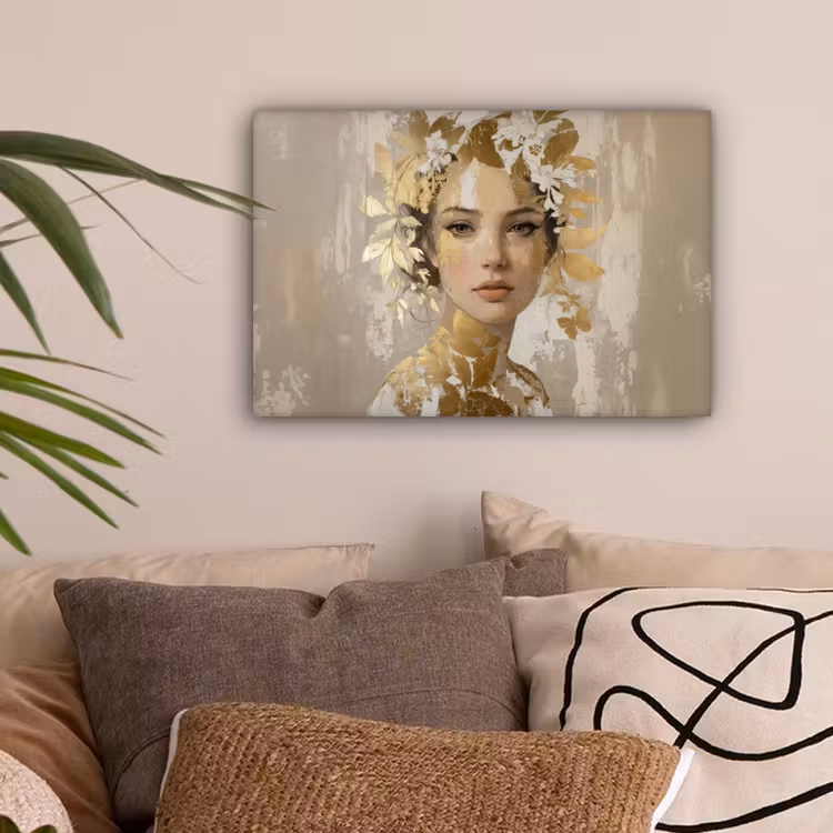 Gezicht - Vrouw - Bladeren - Goud canvas 2cm klein -sfeer1