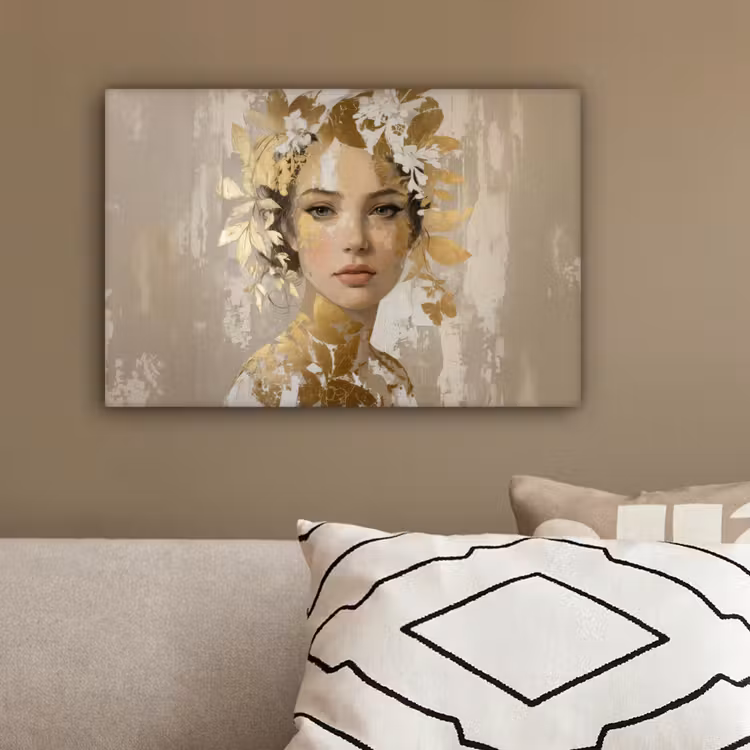 Gezicht - Vrouw - Bladeren - Goud canvas 2cm klein -sfeer3