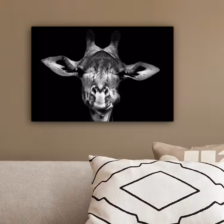 Giraffe - Portret - Dieren - Zwart - Wit canvas 2cm klein -sfeer3