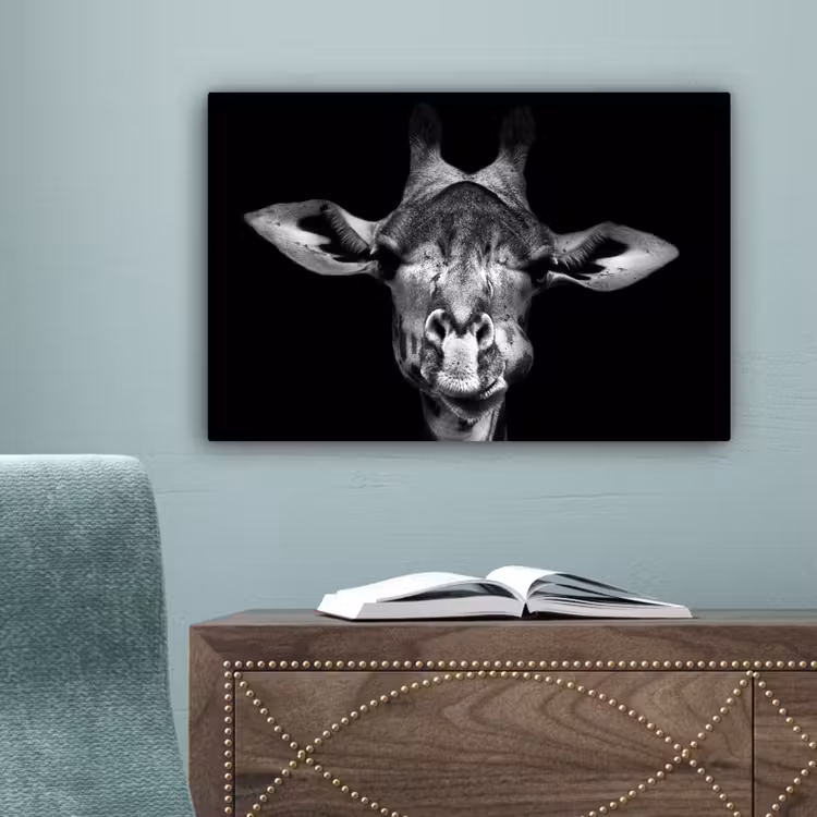 Giraffe - Portret - Dieren - Zwart - Wit canvas 2cm klein -sfeer4