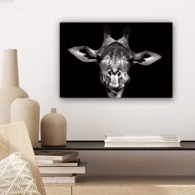 Giraffe - Portret - Dieren - Zwart - Wit canvas 2cm klein -sfeer6