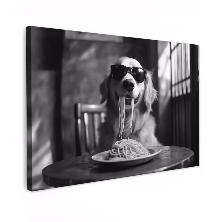 Golden Retriever - Hond - Vrolijk - Bord spaghetti - Zwart - wit canvas 2cm klein -z3d