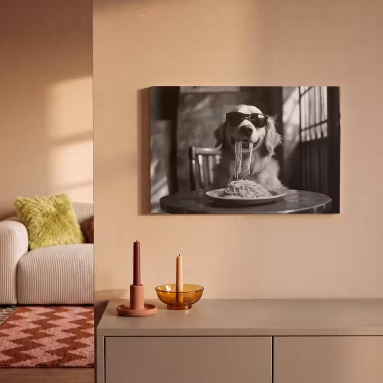Golden Retriever - Hond - Vrolijk - Bord spaghetti - Zwart - wit canvas 2cm klein -sfeer1