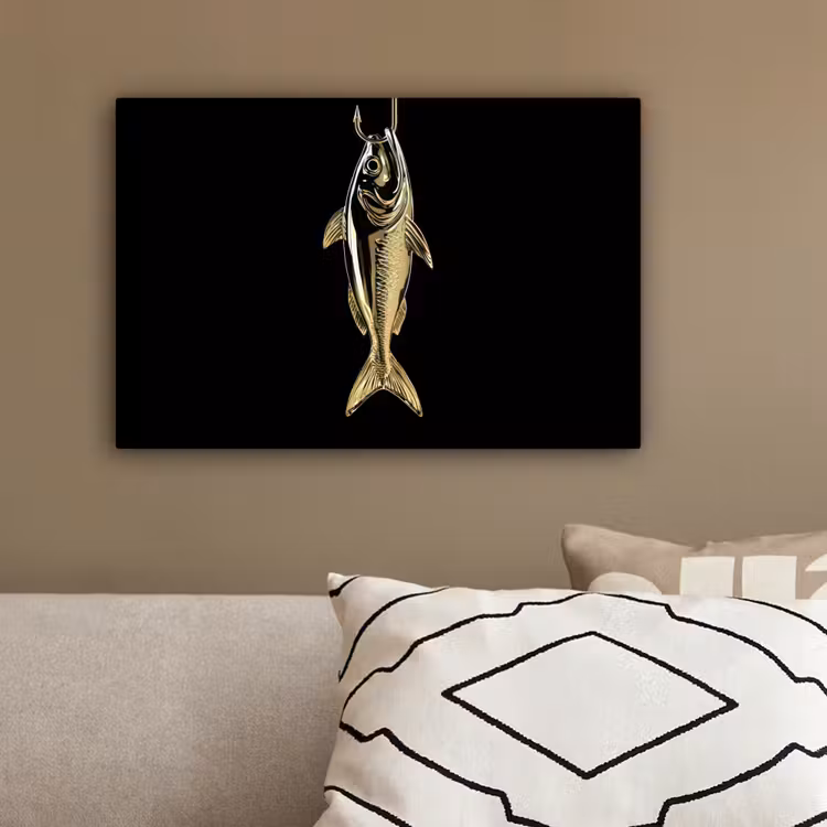 Goud - Vis - Haak - Zwart canvas 2cm klein -sfeer3