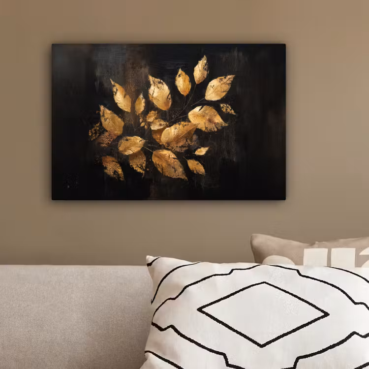 Gouden Bladeren op Donkere Achtergrond canvas 2cm klein -sfeer3