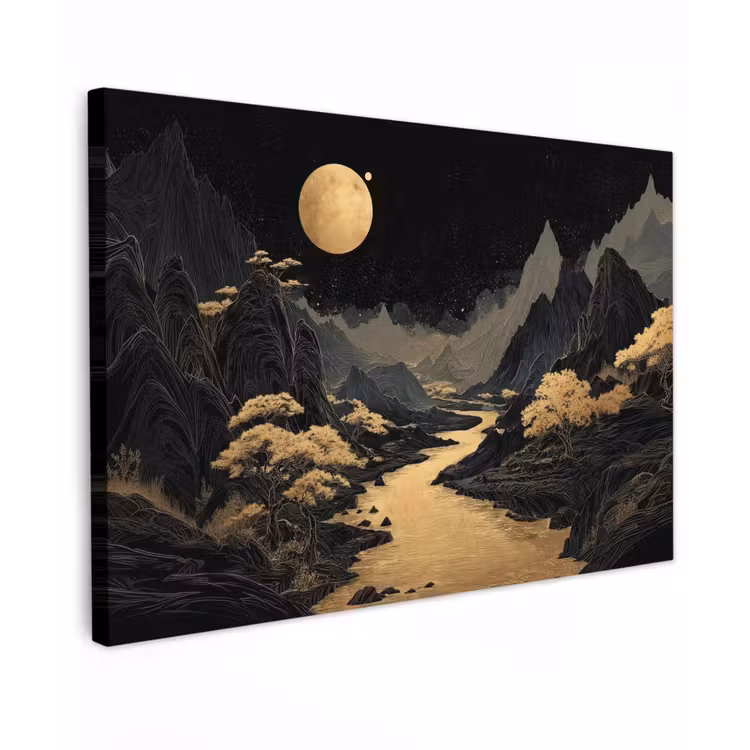 Gouden rivier - Bergen - Maan - Sterrenhemel canvas 2cm klein -z3d