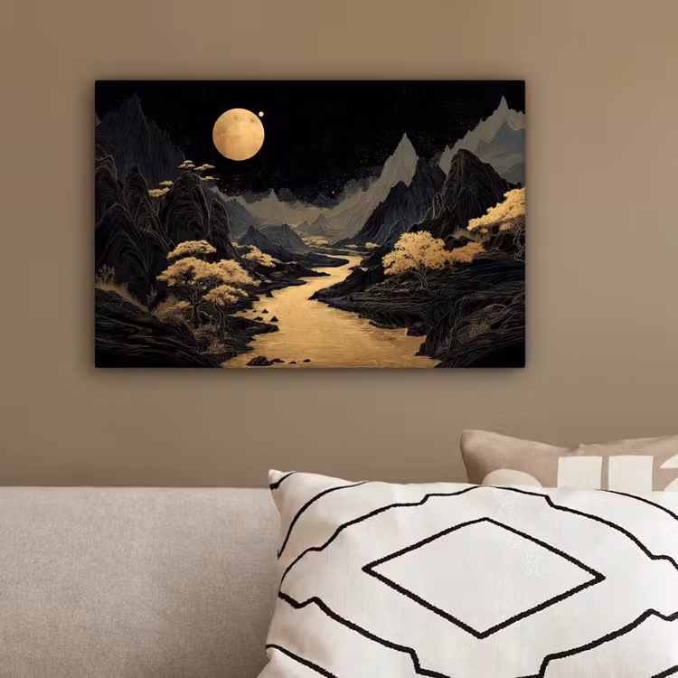 Gouden rivier - Bergen - Maan - Sterrenhemel canvas 2cm klein -sfeer3