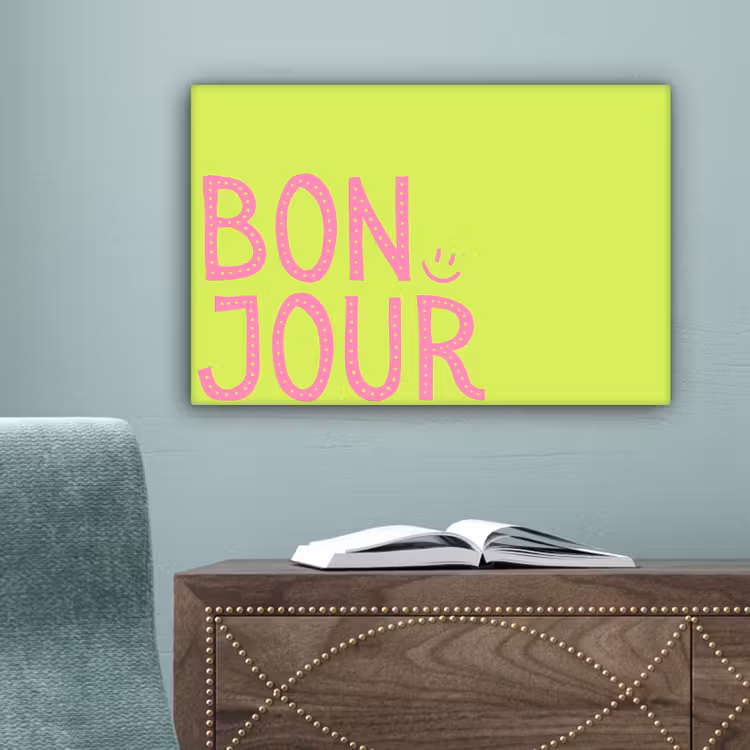 Groen - Smiley - Bonjour - Roze canvas 2cm klein -sfeer4