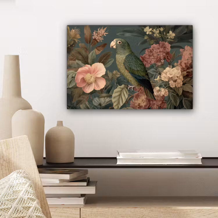 Groene papegaai - Kleurrijke bloemen - Donkere achtergrond canvas 2cm klein -sfeer6