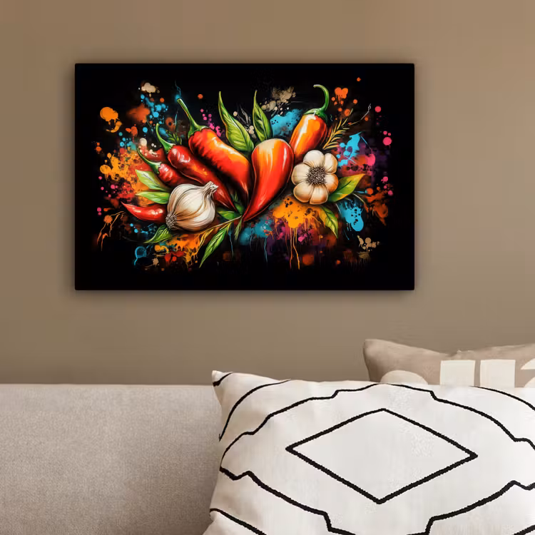 Groente - Peper - Knoflook - Graffiti - Verf - Kleurrijk canvas 2cm klein -sfeer3