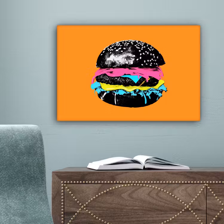 Hamburger - Oranje - Neon - popart canvas 2cm klein -sfeer4