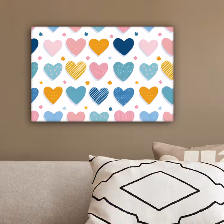 Hartjes - Pastel - Kleurcontrast - Handgetekend canvas 2cm klein -sfeer3