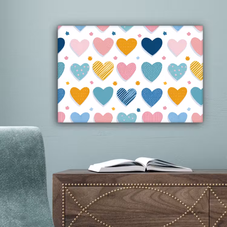 Hartjes - Pastel - Kleurcontrast - Handgetekend canvas 2cm klein -sfeer4