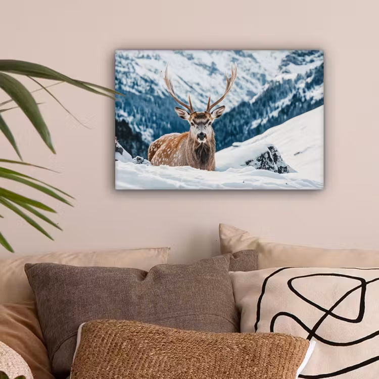 Hert - Landschap - Winter - Natuur - Dieren - Bergen canvas 2cm klein -sfeer1