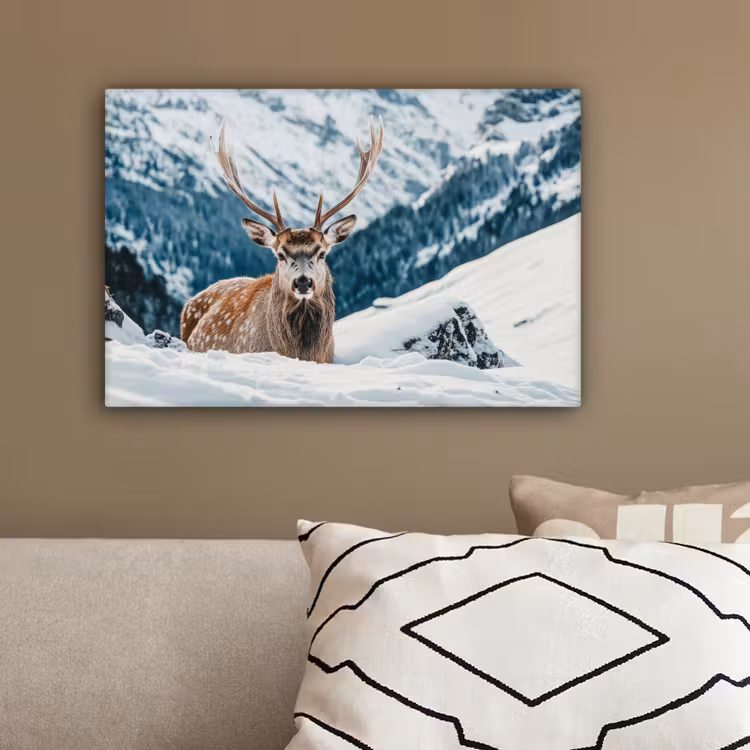 Hert - Landschap - Winter - Natuur - Dieren - Bergen canvas 2cm klein -sfeer3