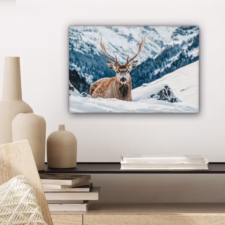 Hert - Landschap - Winter - Natuur - Dieren - Bergen canvas 2cm klein -sfeer6