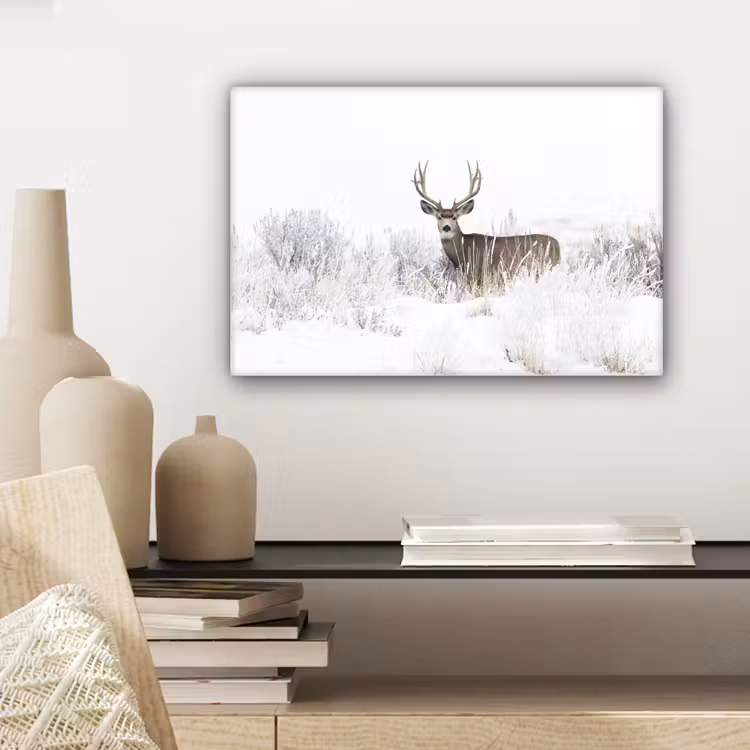 Hert - Winter - Sneeuw - Dieren - Seizoenen - Wit canvas 2cm klein -sfeer6