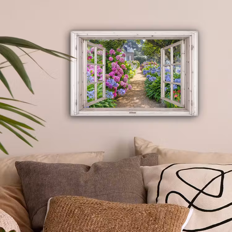 Hortensia - Doorkijk - Bloemen - Zomer - Paars - Pad canvas 2cm klein -sfeer1