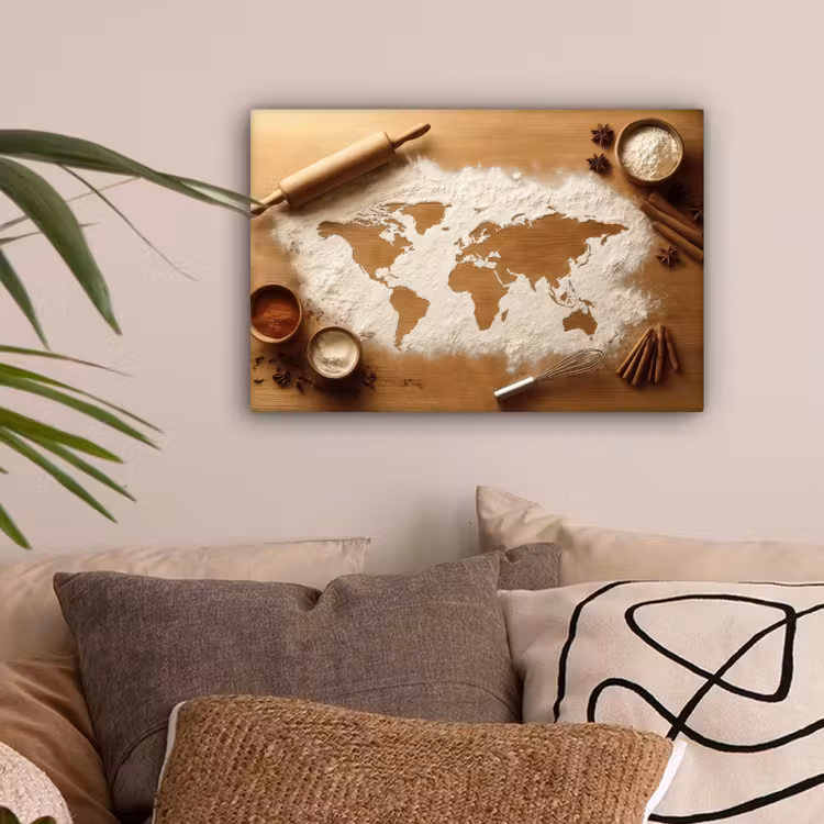 Hout - Wereldkaart - Bakken - Keuken canvas 2cm klein -sfeer1