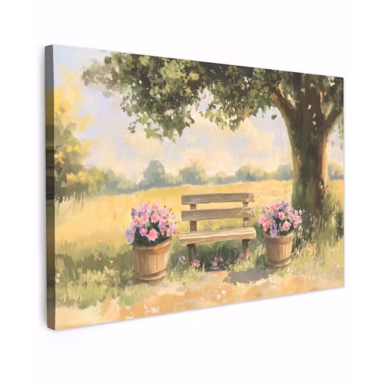 Houten bankje - Bloempotten - Landschap canvas 2cm klein -z3d