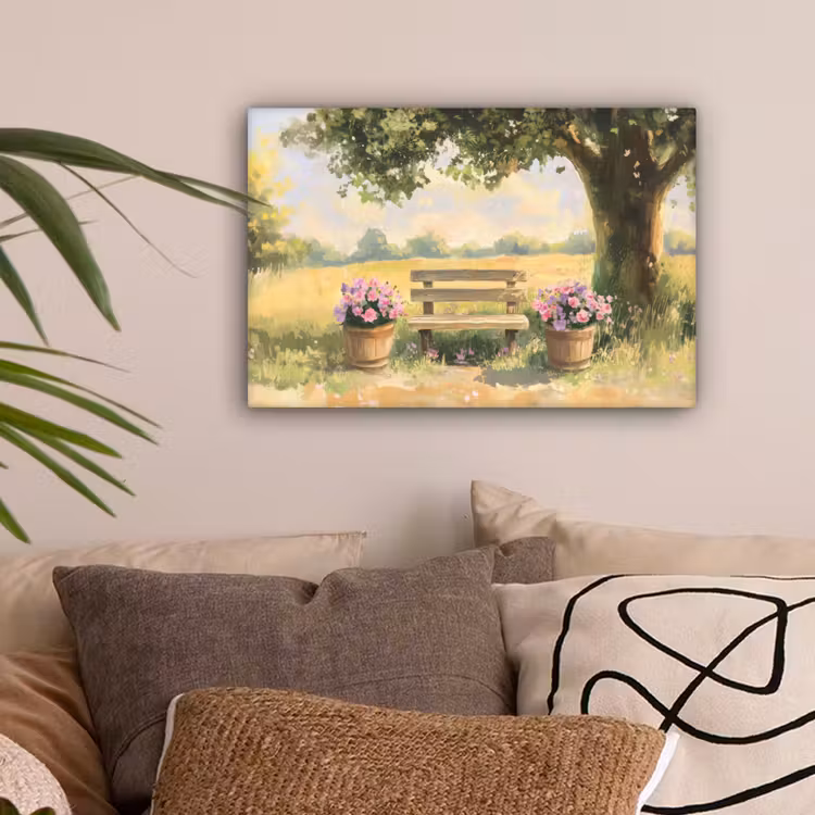 Houten bankje - Bloempotten - Landschap canvas 2cm klein -sfeer1