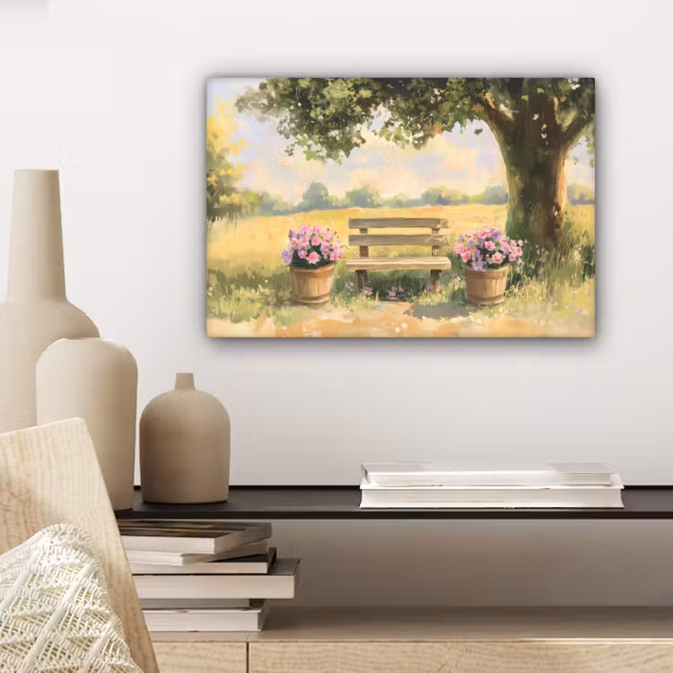 Houten bankje - Bloempotten - Landschap canvas 2cm klein -sfeer6