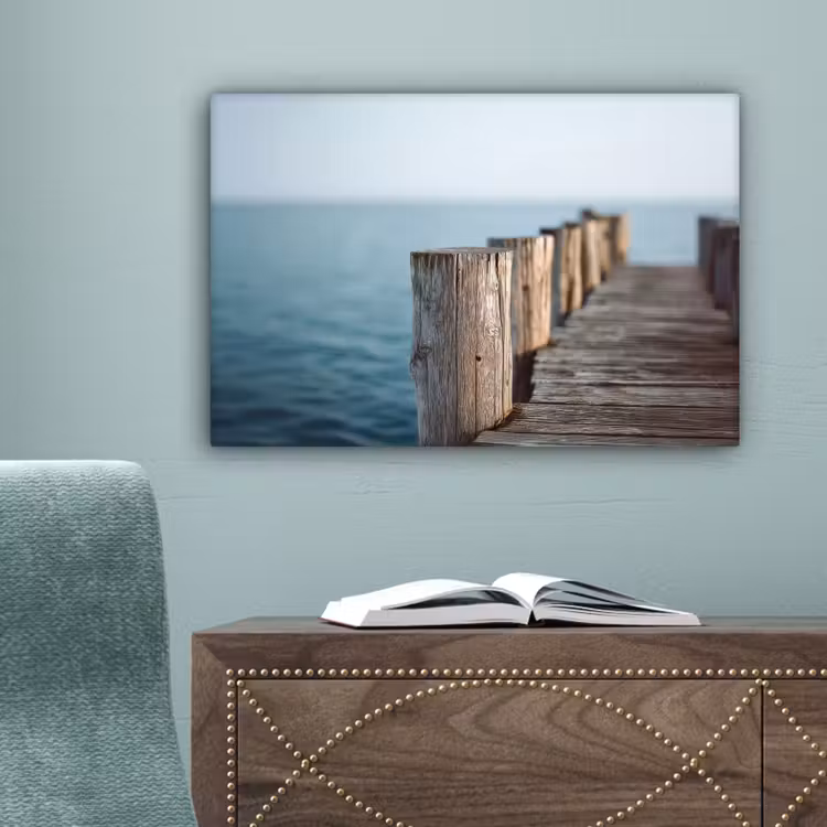 Houten steiger - Helderblauwe lucht canvas 2cm klein -sfeer4