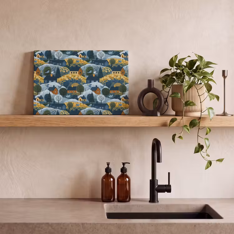 Huisjes - Bloemen - Patroon - Geel - Blauw canvas 2cm klein 34 -sfeer3