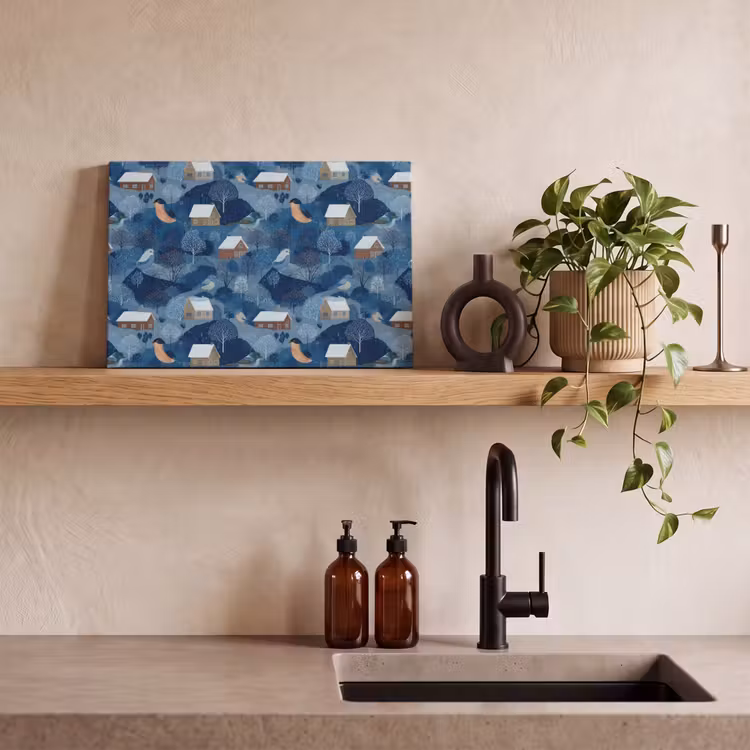 Huisjes - Vogels - Sneeuw - Winter - Blauw canvas 2cm klein 34 -sfeer3