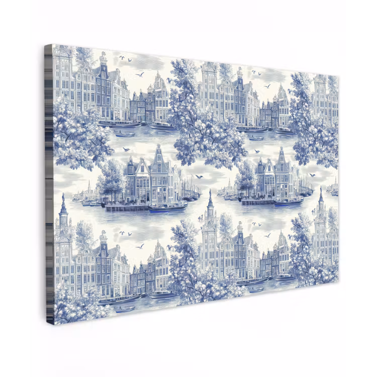 Huizen - Bomen - Water - Vogels - Blauw canvas 2cm klein 34 -z3d