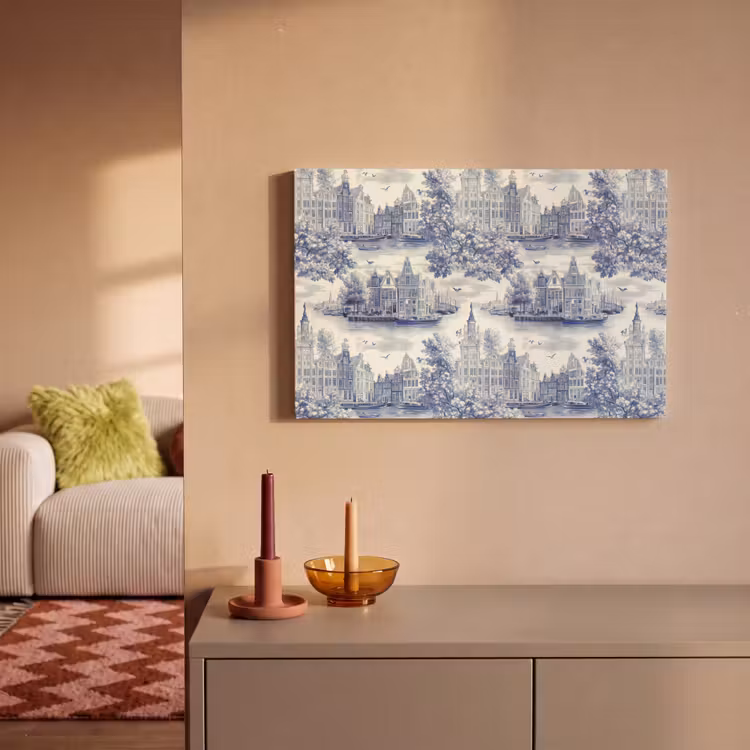 Huizen - Bomen - Water - Vogels - Blauw canvas 2cm klein 34 -sfeer1