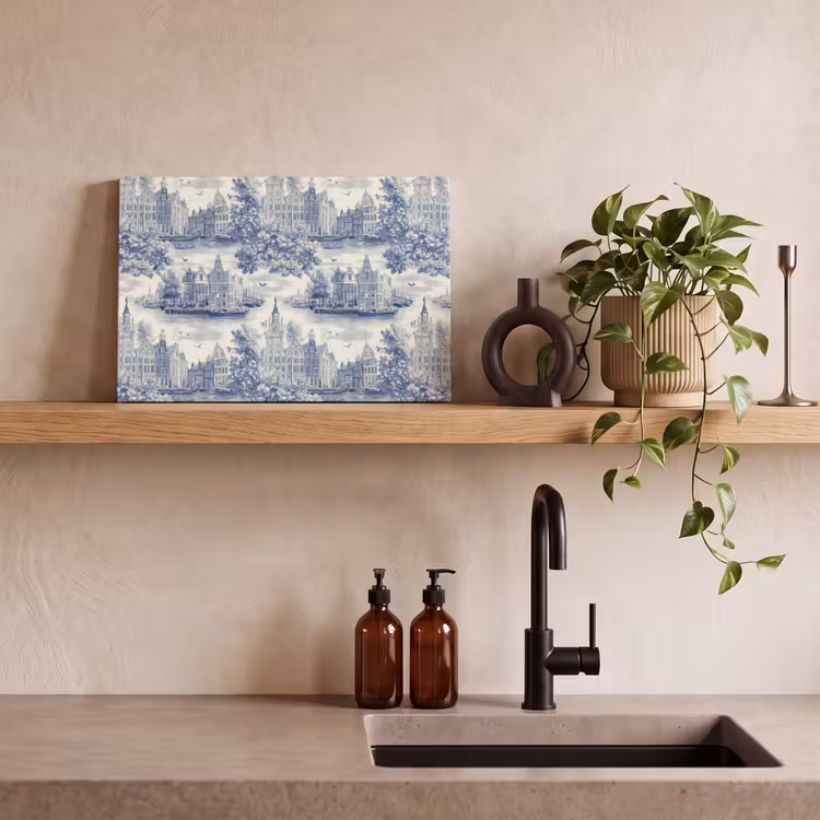 Huizen - Bomen - Water - Vogels - Blauw canvas 2cm klein 34 -sfeer3