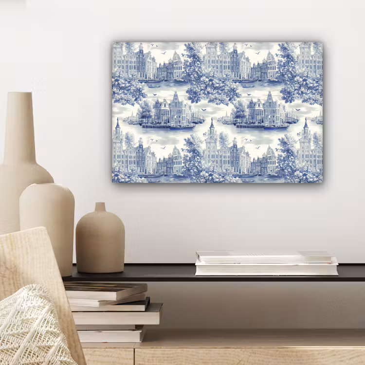 Huizen - Bomen - Water - Vogels - Blauw canvas 2cm klein 34 -sfeer6