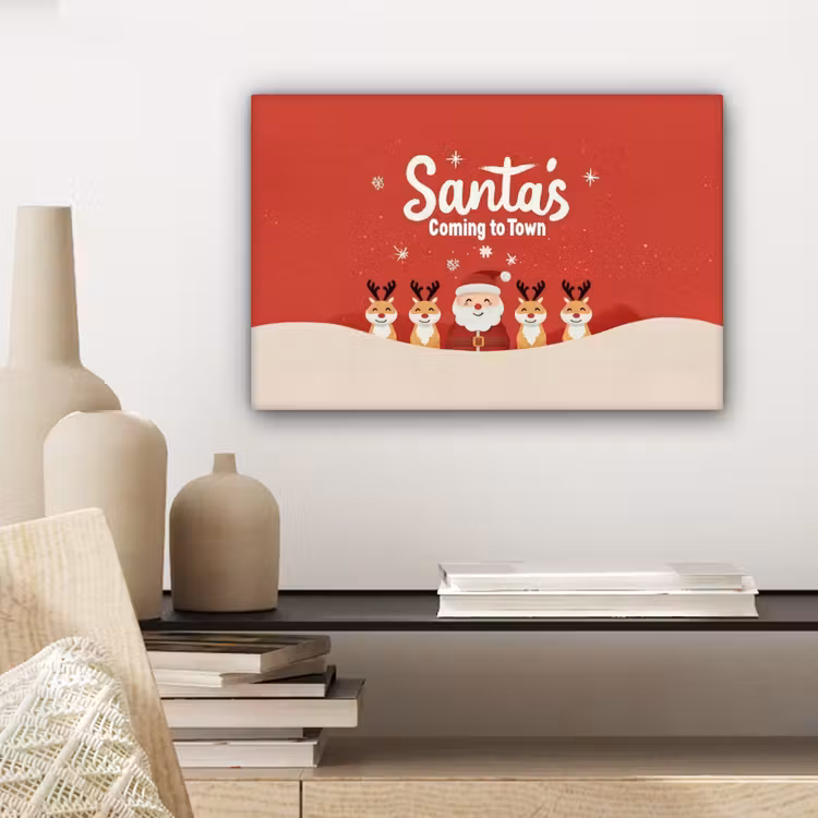 Illustratie - Kerstman - Rendieren - Rood canvas 2cm klein -sfeer6