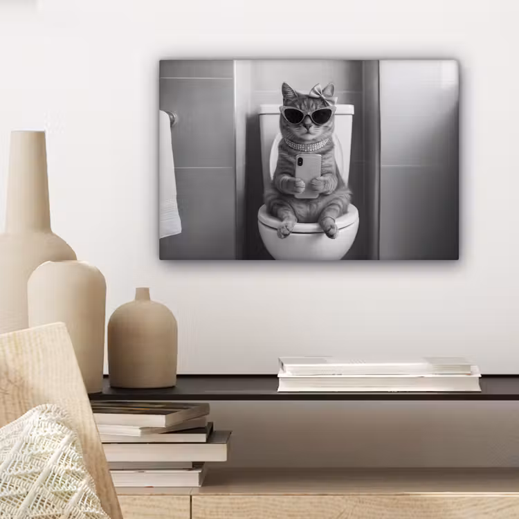 Kat - Telefoon - Toilet - Zwart - Wit canvas 2cm klein -sfeer6