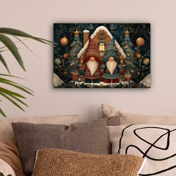 Kerst - Gnomen - Peperkoekhuisje - Rood - Groen canvas 2cm klein -sfeer1
